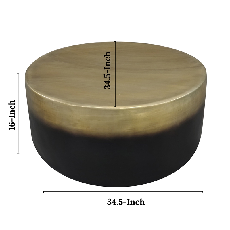 Dyan Coffee Table- 34.5 Inch Round Drum Shape- Black- Gold Antique Brass Ombre
