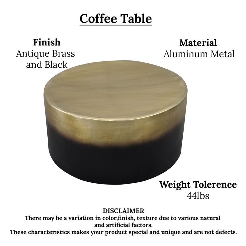 Dyan Coffee Table- 34.5 Inch Round Drum Shape- Black- Gold Antique Brass Ombre