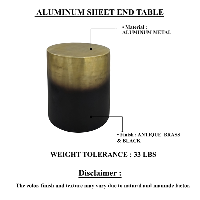 Dyan 20 Inch Side End Table- Round Drum Shape- Black- Gold Antique Brass Ombre