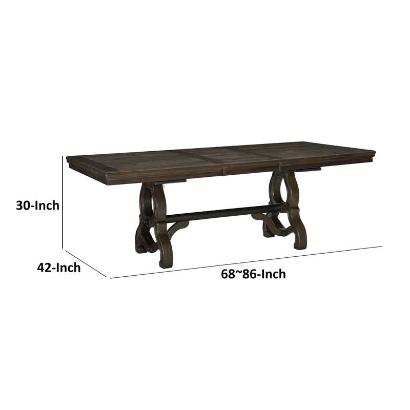 Vill 68-86 Inch Dining Table-Extension Leaf-Metal Braces Brown Solid Wood