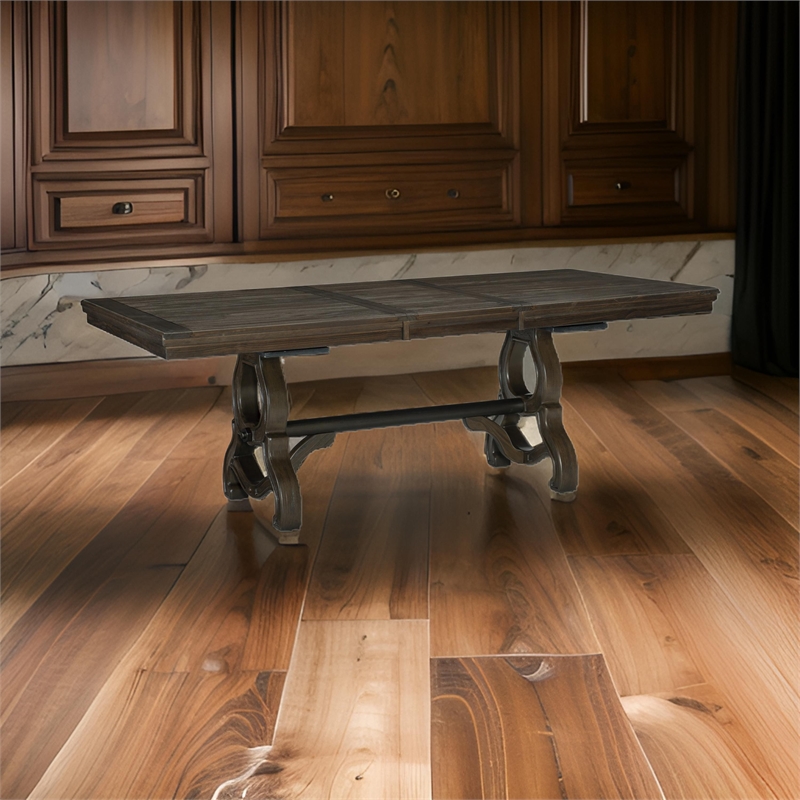 Vill 68-86 Inch Dining Table-Extension Leaf-Metal Braces Brown Solid Wood