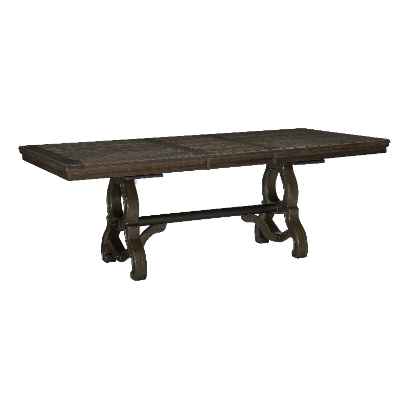 Vill 68-86 Inch Dining Table-Extension Leaf-Metal Braces Brown Solid Wood