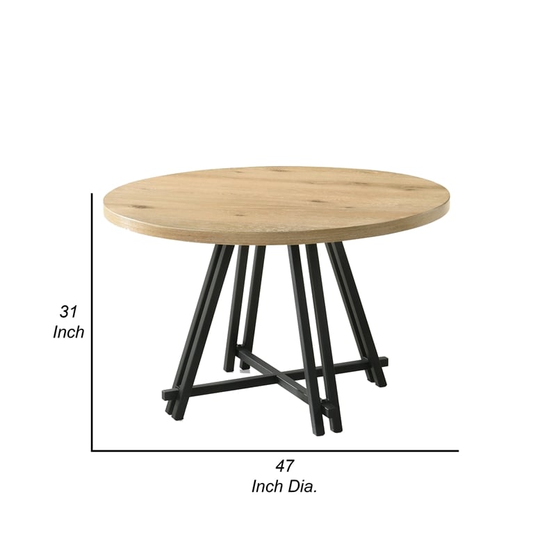 Tete 47 Inch Dining Table-Solid Brown Wood Round Top-Black Metal Base