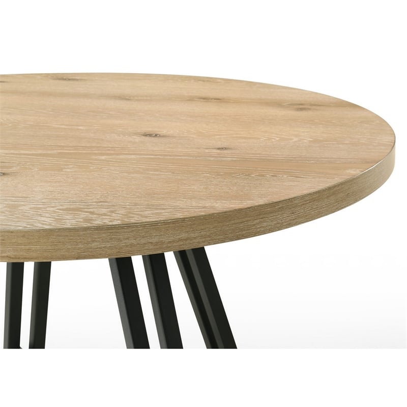 Tete 47 Inch Dining Table-Solid Brown Wood Round Top-Black Metal Base