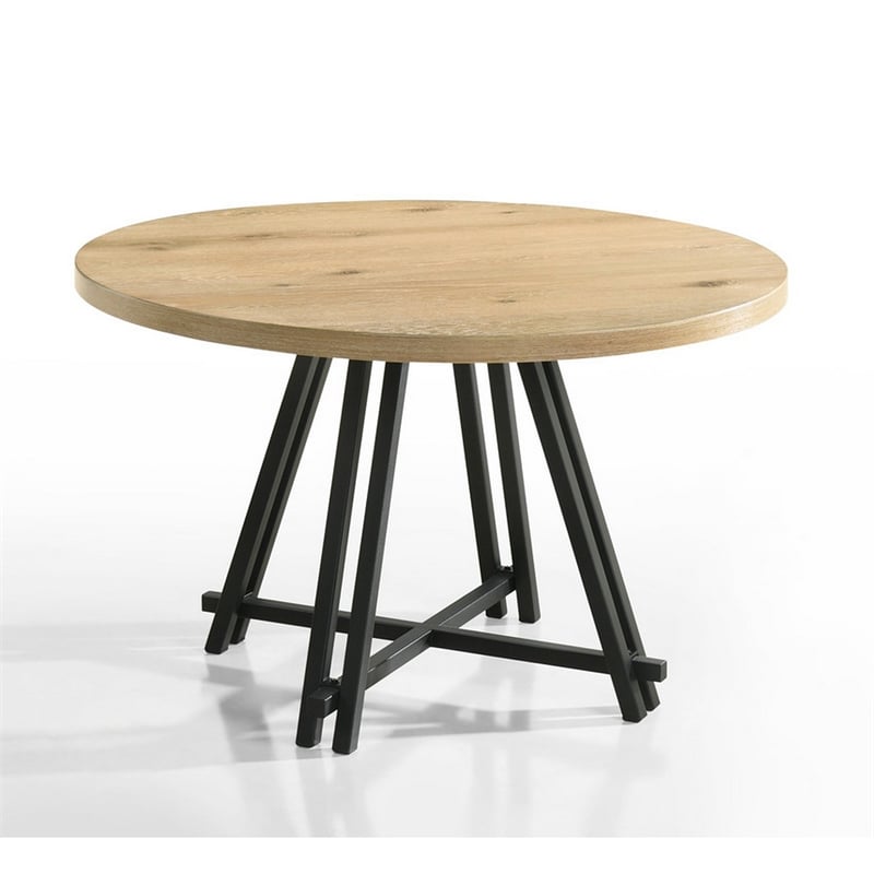 Tete 47 Inch Dining Table-Solid Brown Wood Round Top-Black Metal Base