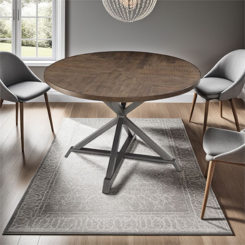 Fena Dining Table-Round 45 Inch Brown Wood Top-Gray Metal Star Base