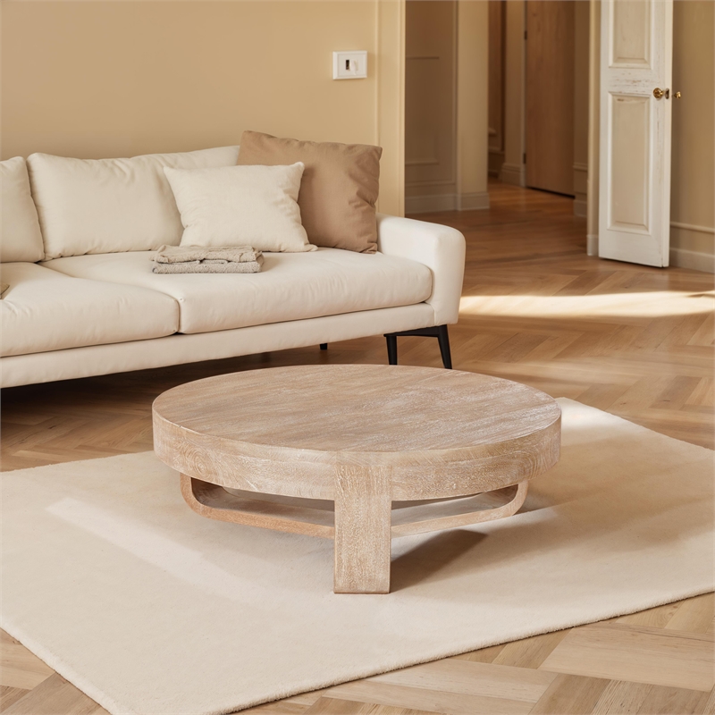 Milan Coffee Table- 32 Inch Round Top- Mango Wood - Open Sled Base