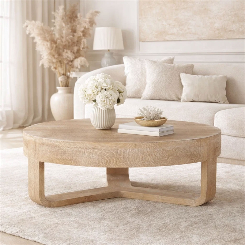 Milan Coffee Table- 32 Inch Round Top- Mango Wood - Open Sled Base