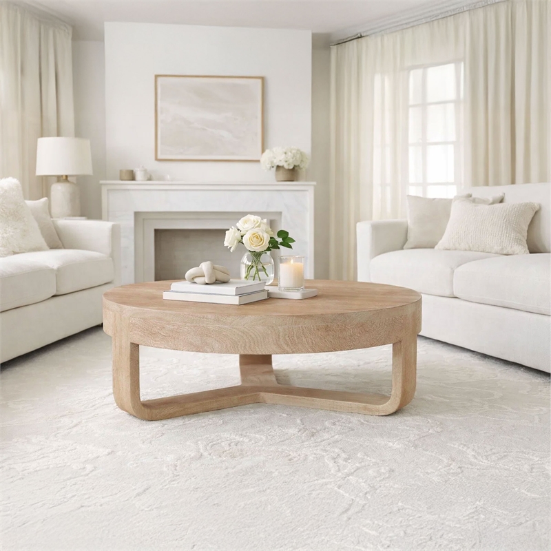 Milan Coffee Table- 32 Inch Round Top- Mango Wood - Open Sled Base