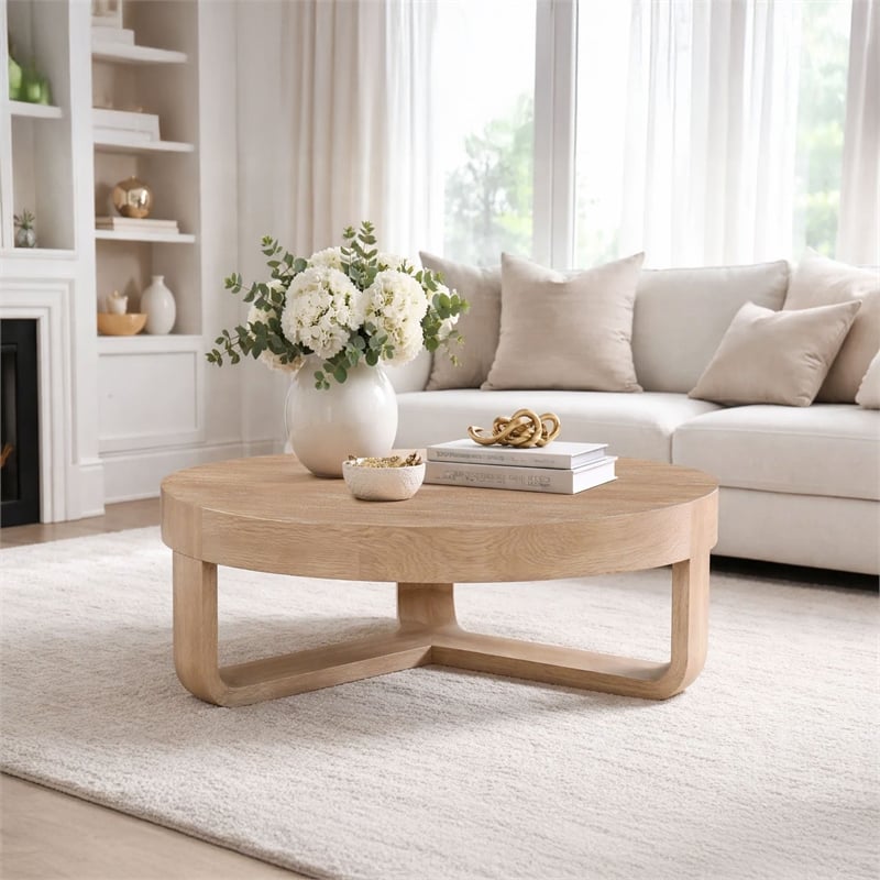 Milan Coffee Table- 32 Inch Round Top- Mango Wood - Open Sled Base