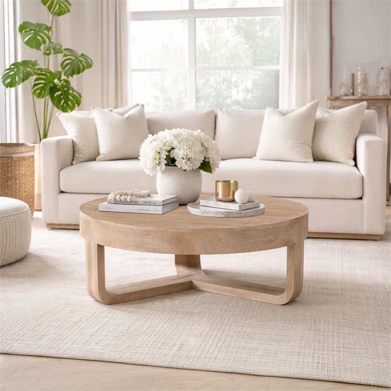 Milan Coffee Table- 32 Inch Round Top- Mango Wood - Open Sled Base