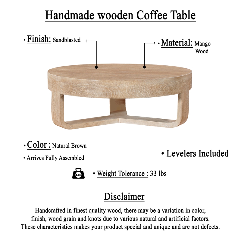 Milan Coffee Table- 32 Inch Round Top- Mango Wood - Open Sled Base