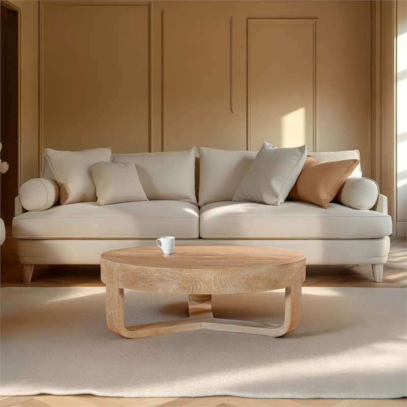 Milan Coffee Table- 32 Inch Round Top- Mango Wood - Open Sled Base