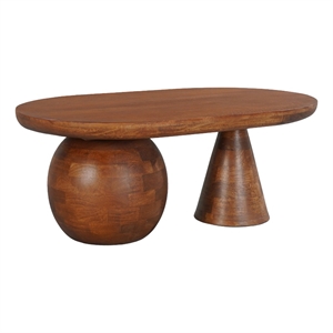 Leeds Coffee Table - 38&quot Handmade Mango Wood Oval Top - Round Ball and Cone Base