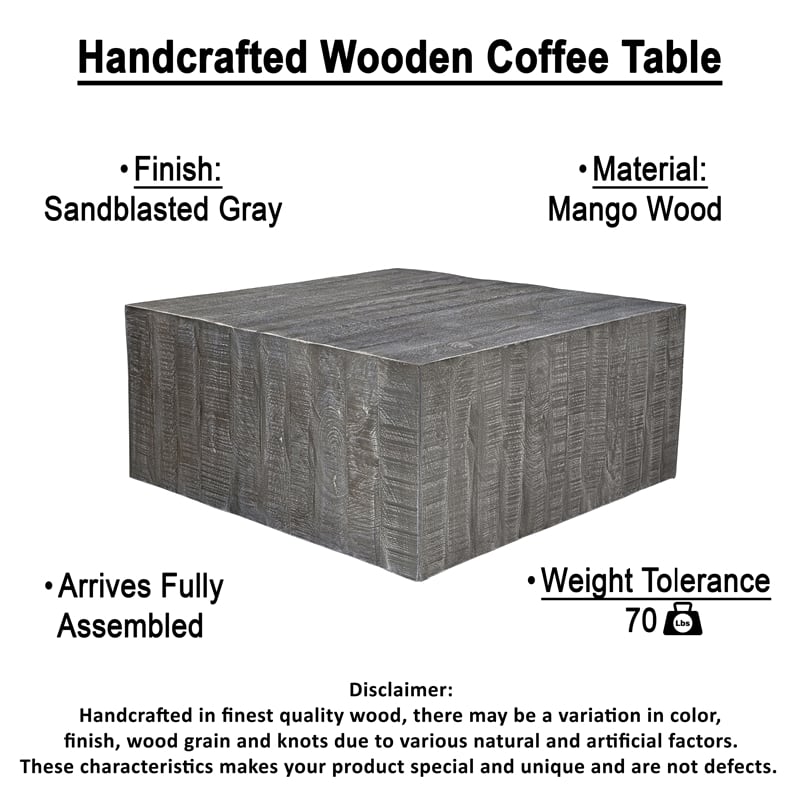 Rydan Coffee Table - 33 Inch Square Block Top - Mango Wood