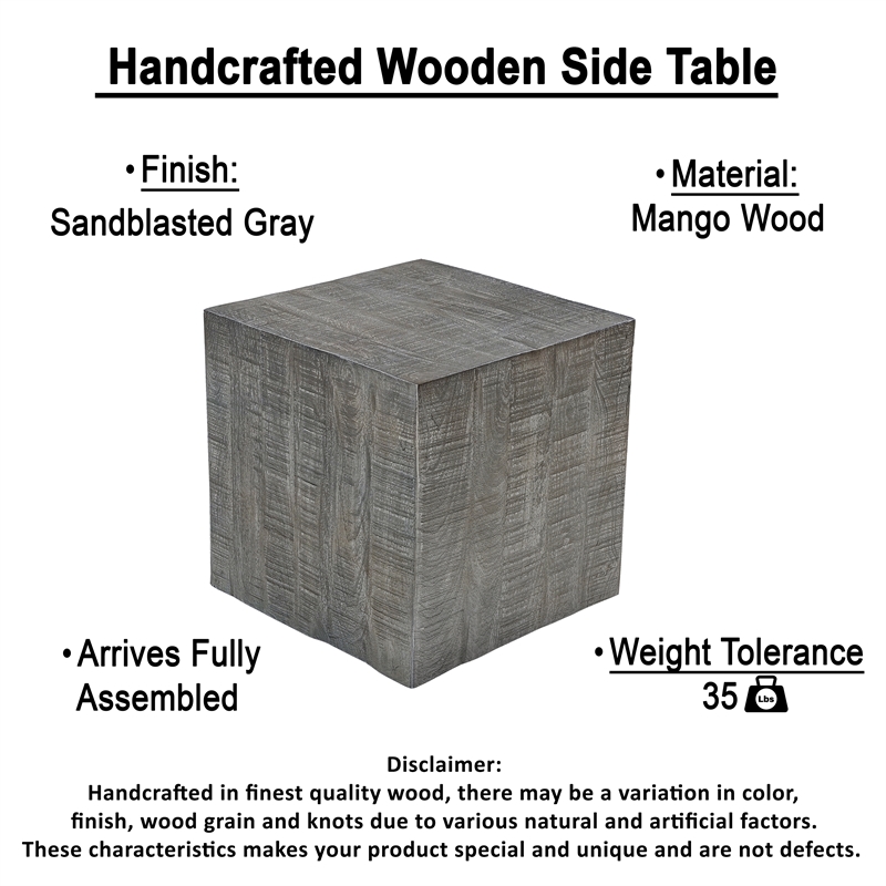 Rydan Side End Table - 19 Inch Square Block Top - Mango Wood