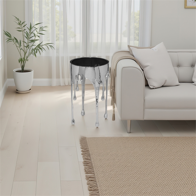 Capri Side End Table - 24.75 Inch Round Glass Top - Melting Drip Design - Silver