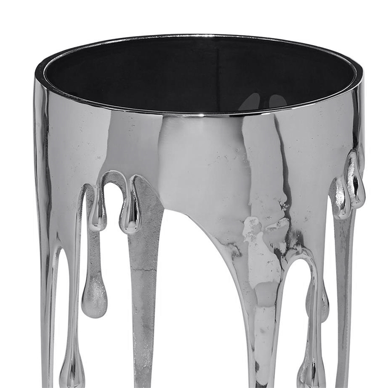 Capri Side End Table - 24.75 Inch Round Glass Top - Melting Drip Design - Silver