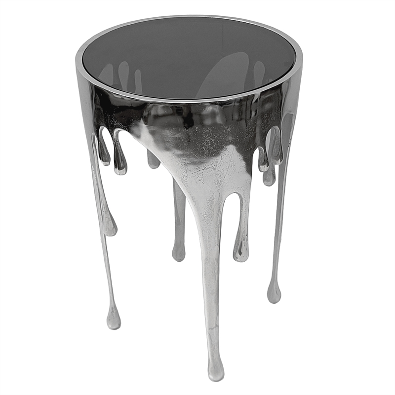 Capri Side End Table - 24.75 Inch Round Glass Top - Melting Drip Design - Silver