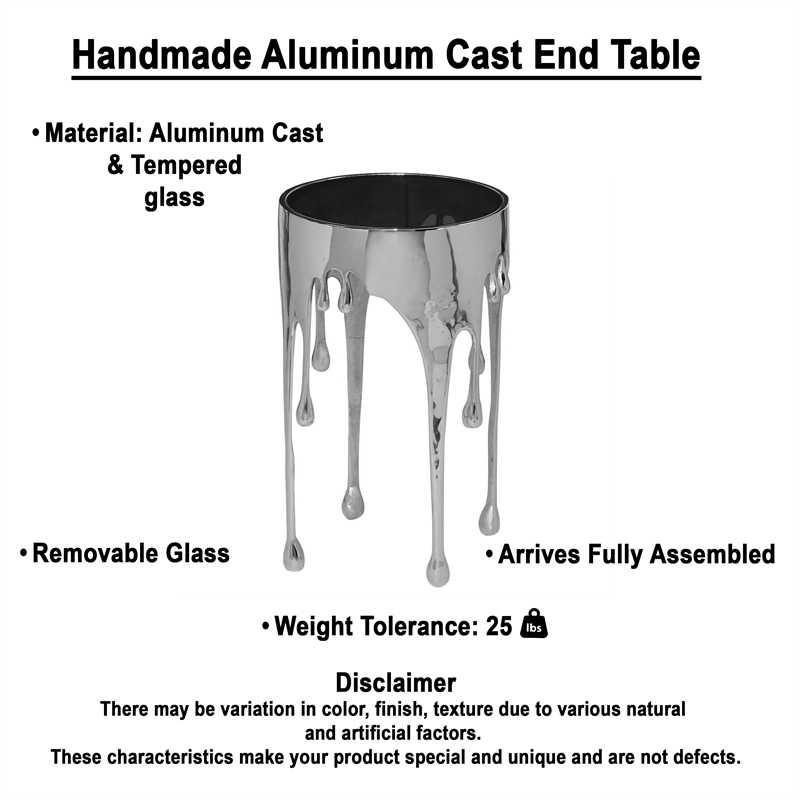Capri Side End Table - 24.75 Inch Round Glass Top - Melting Drip Design - Silver