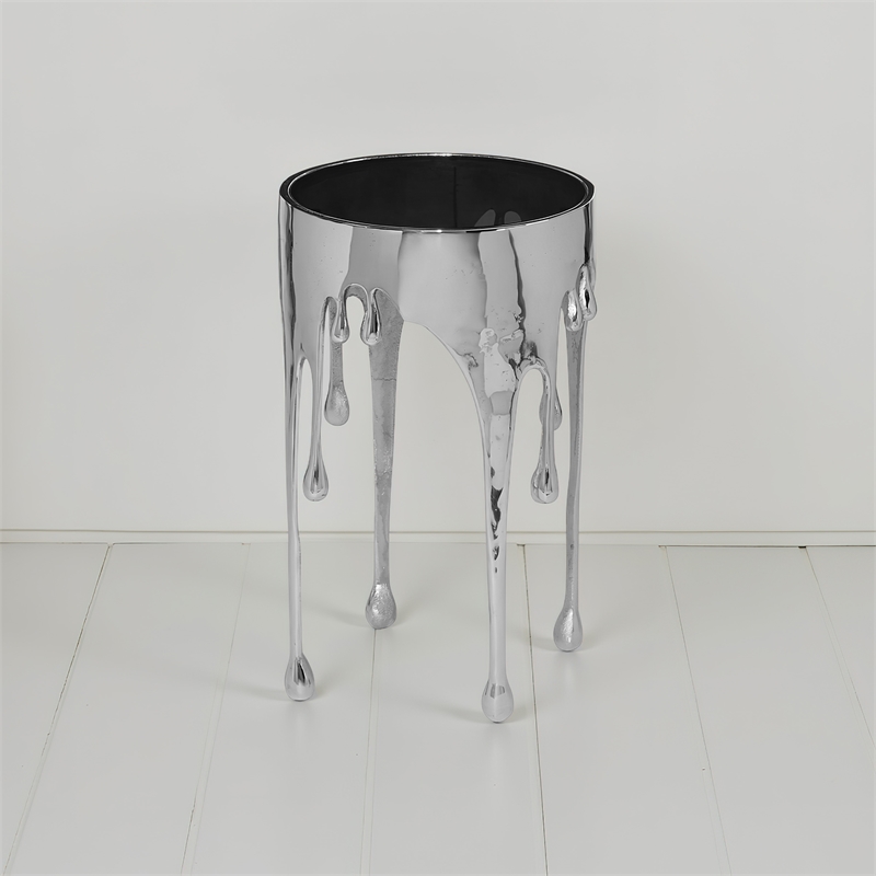 Capri Side End Table - 24.75 Inch Round Glass Top - Melting Drip Design - Silver