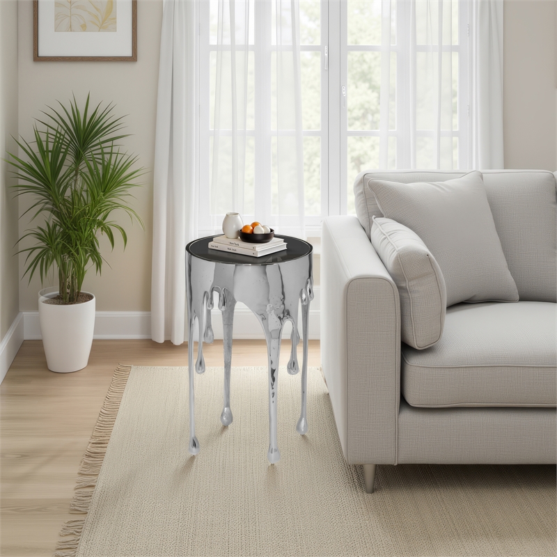 Capri Side End Table - 24.75 Inch Round Glass Top - Melting Drip Design - Silver