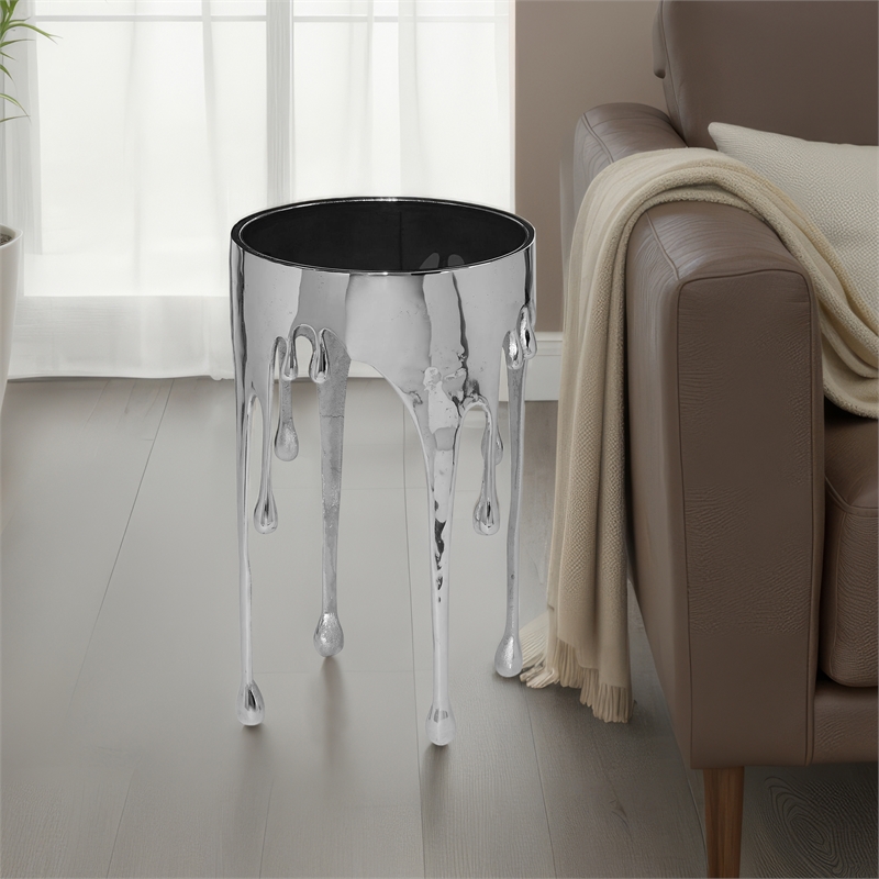 Capri Side End Table - 24.75 Inch Round Glass Top - Melting Drip Design - Silver