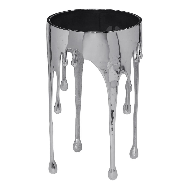 Capri Side End Table - 24.75 Inch Round Glass Top - Melting Drip Design - Silver