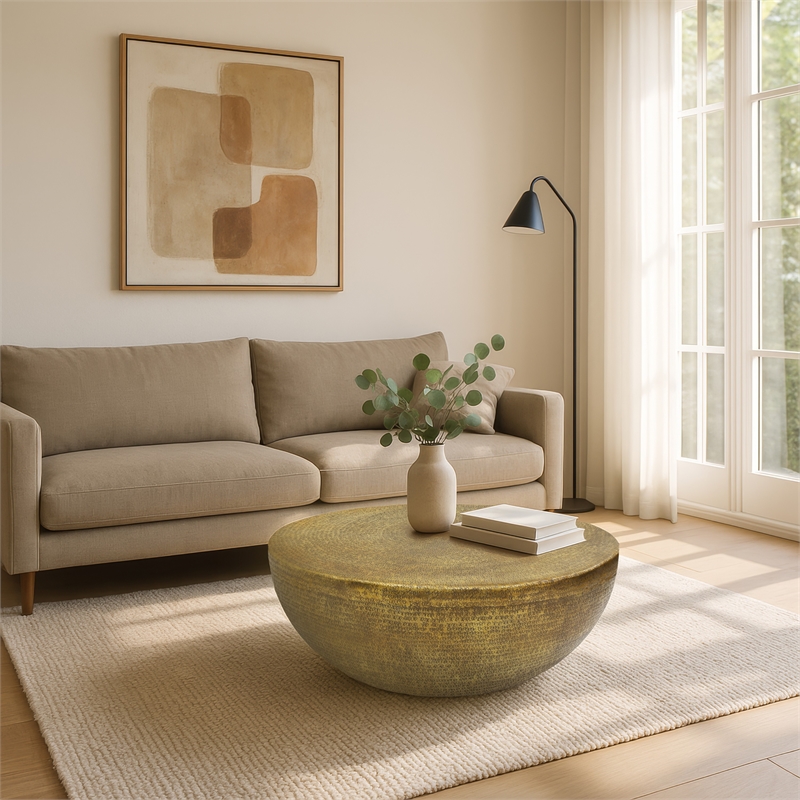 Terminus Coffee Table- 36 Inch Round Bowl Base with Hand Etched Texture