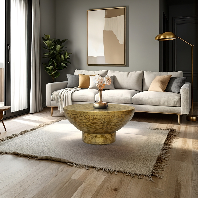 Orion Coffee Table - 32 Inch Round Martini Glass Shape - Hammered Finish