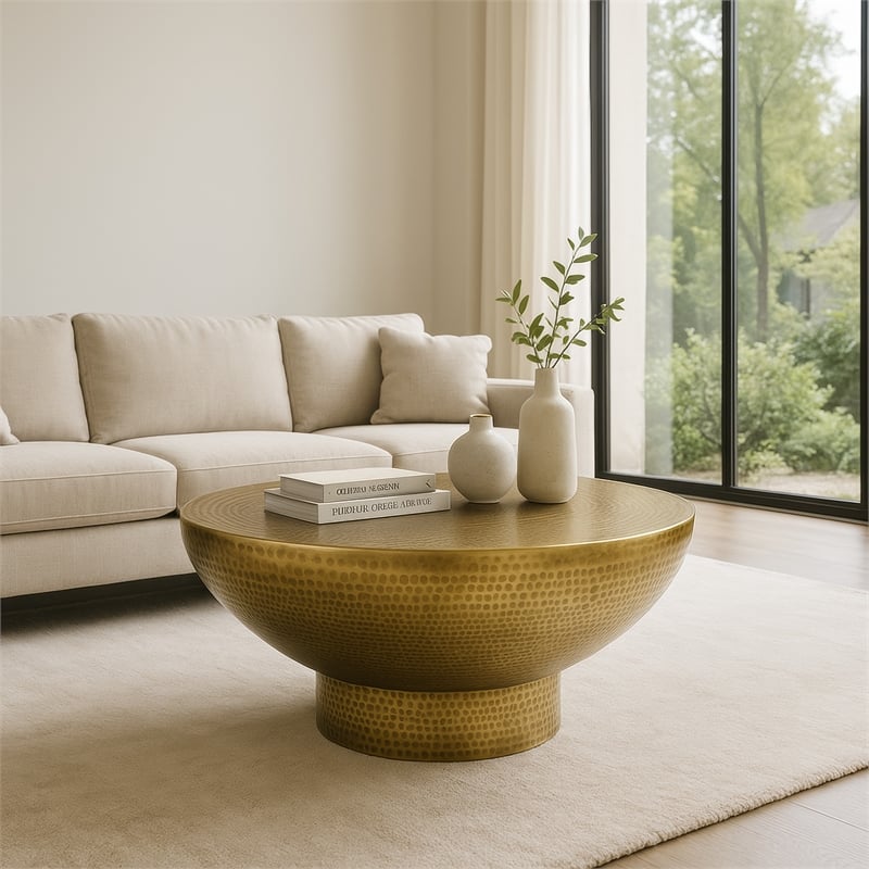 Orion Coffee Table - 32 Inch Round Martini Glass Shape - Hammered Finish