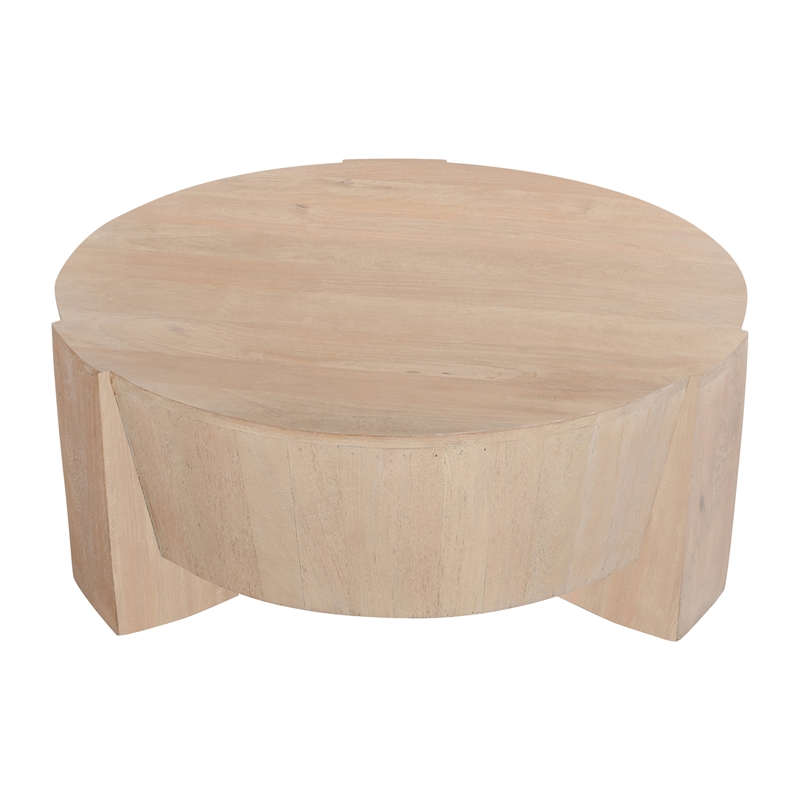 Joana Coffee Table- 35 Inch Round Drum Shape with 3 Legs- Sandblasted Mango Wood