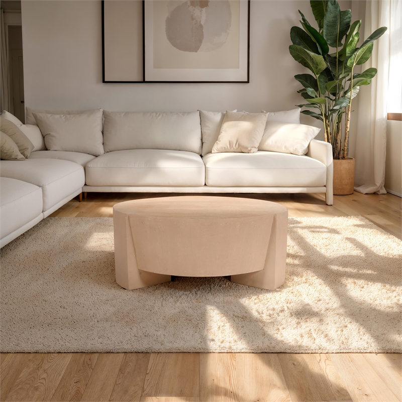 Joana Coffee Table- 35 Inch Round Drum Shape with 3 Legs- Sandblasted Mango Wood