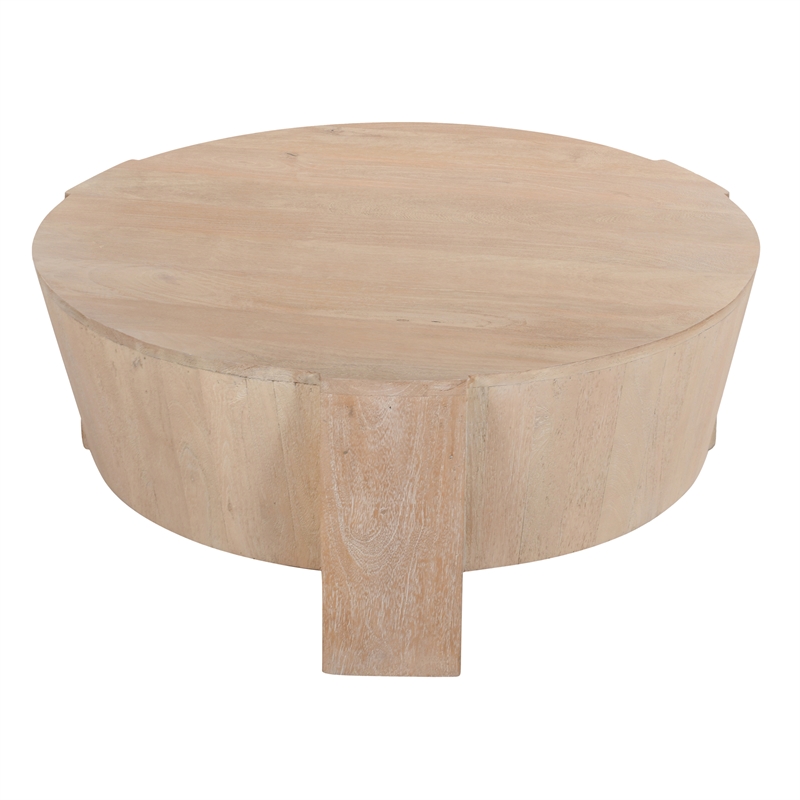 Joana Coffee Table- 35 Inch Round Drum Shape with 3 Legs- Sandblasted Mango Wood