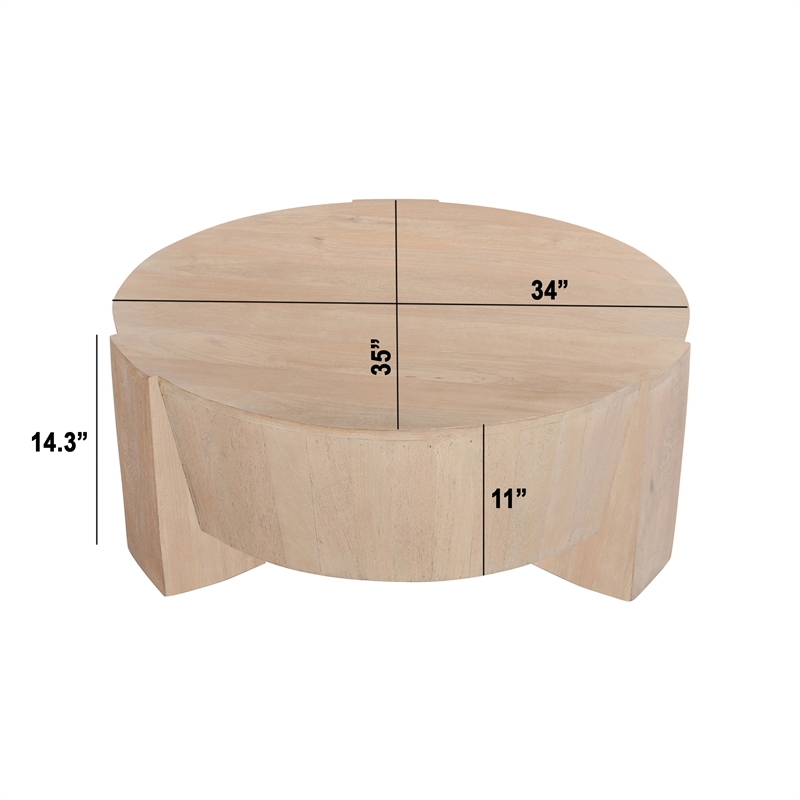 Joana Coffee Table- 35 Inch Round Drum Shape with 3 Legs- Sandblasted Mango Wood
