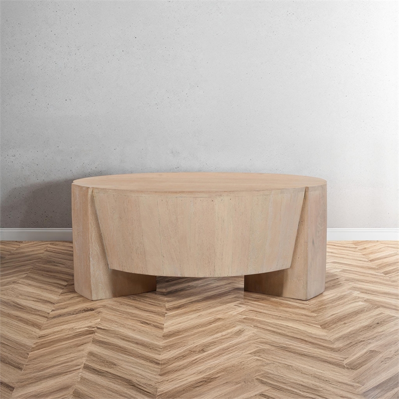 Joana Coffee Table- 35 Inch Round Drum Shape with 3 Legs- Sandblasted Mango Wood