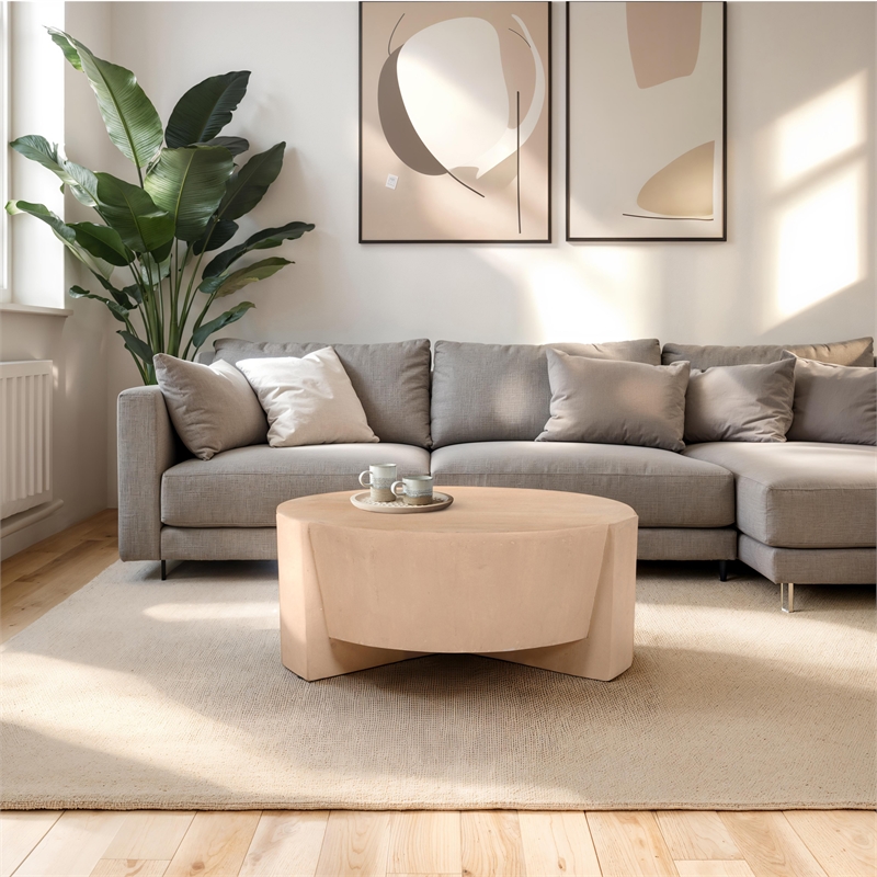 Joana Coffee Table- 35 Inch Round Drum Shape with 3 Legs- Sandblasted Mango Wood