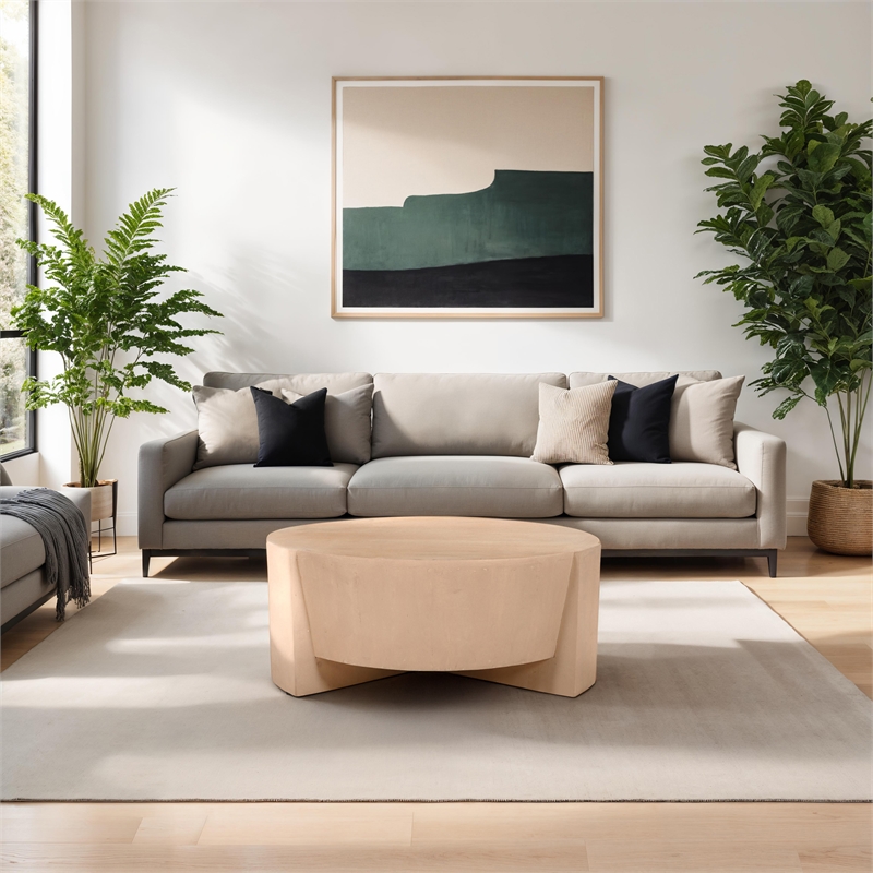 Joana Coffee Table- 35 Inch Round Drum Shape with 3 Legs- Sandblasted Mango Wood