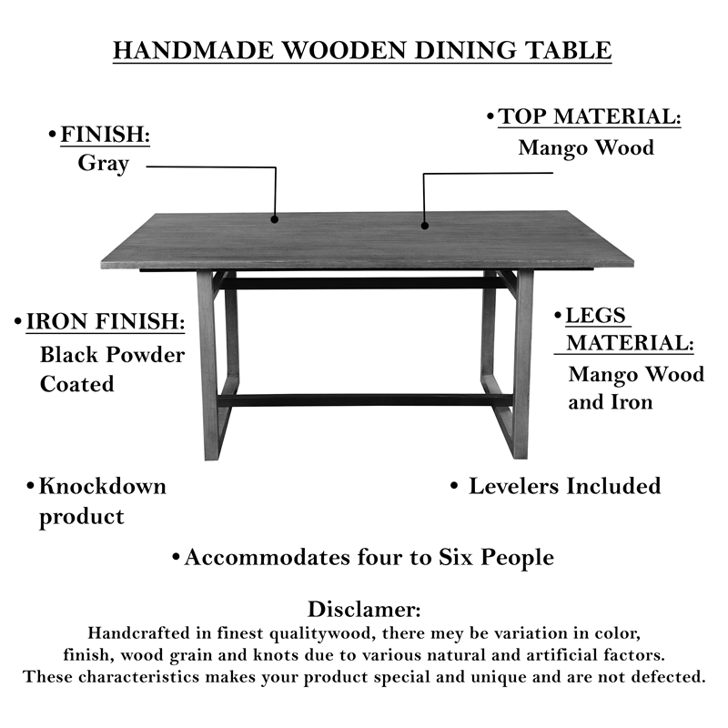 St Tropez Dining Table- 72 Inch Mango Wood Top with Iron Trestle Base- 6 Seater