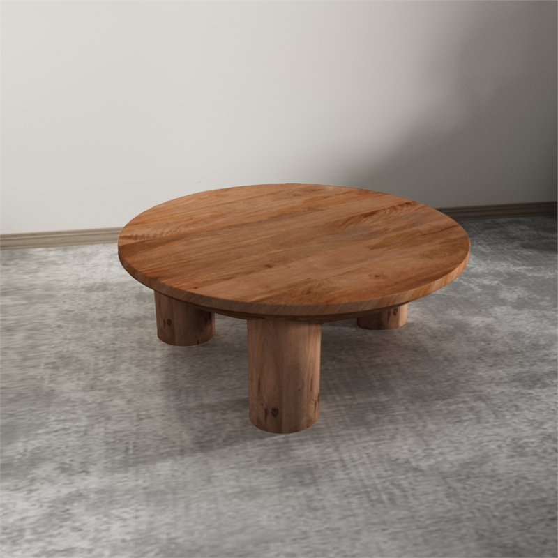 Meridian Coffee Table- 38 Inch Round Top- 3 Column Pillar Legs- Mango Wood