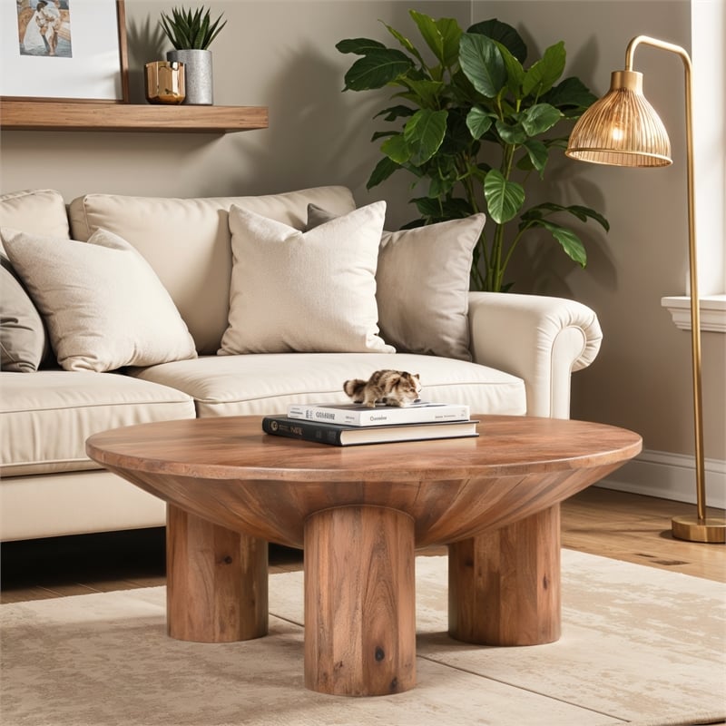 Meridian Coffee Table- 38 Inch Round Top- 3 Column Pillar Legs- Mango Wood