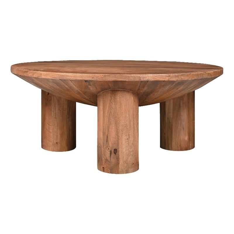 Meridian Coffee Table- 38 Inch Round Top- 3 Column Pillar Legs- Mango Wood