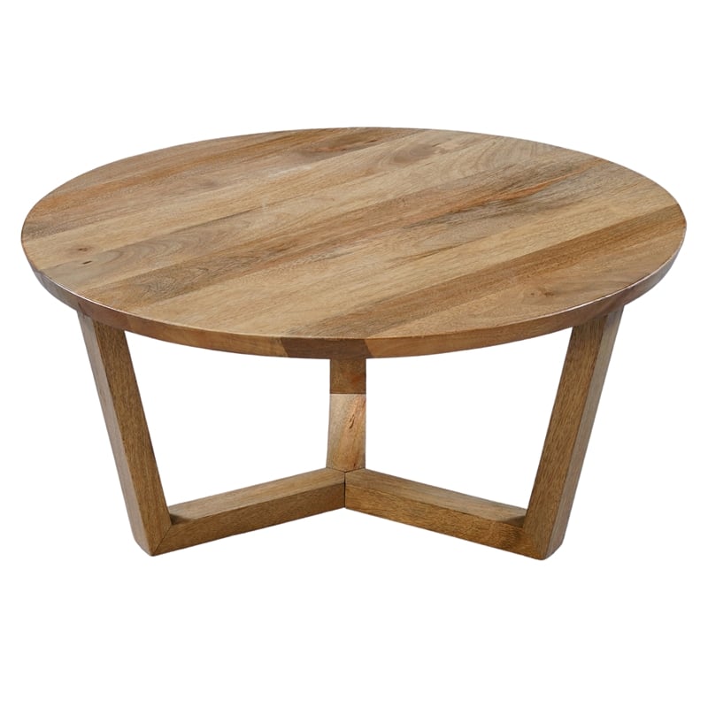 Nina 30 inch Round Mango Wood Coffee Table - Handcrafted- Sturdy 3-Leg Sled Base
