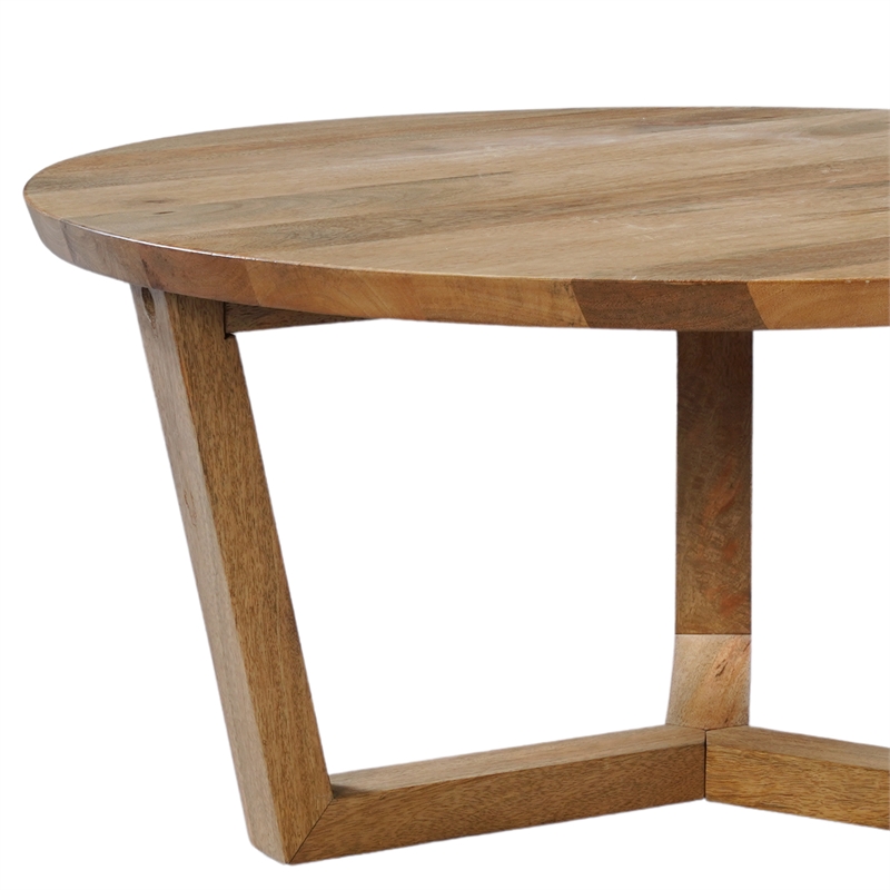 Nina 30 inch Round Mango Wood Coffee Table - Handcrafted- Sturdy 3-Leg Sled Base