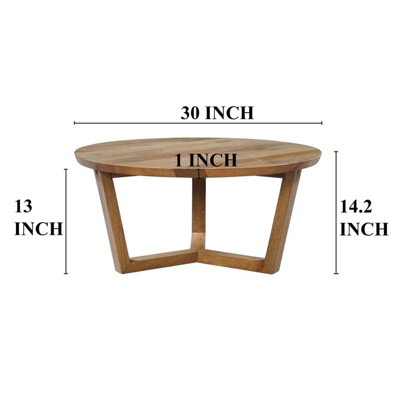 Nina 30 inch Round Mango Wood Coffee Table - Handcrafted- Sturdy 3-Leg Sled Base