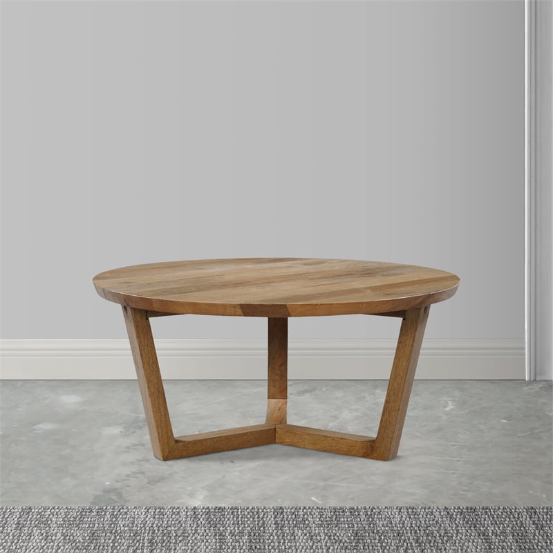 Nina 30 inch Round Mango Wood Coffee Table - Handcrafted- Sturdy 3-Leg Sled Base