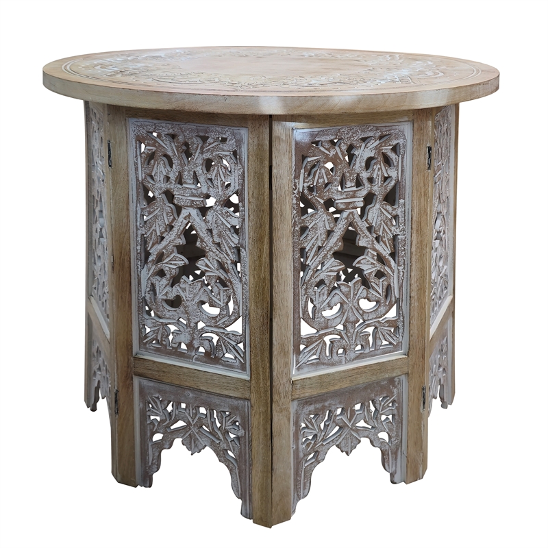 Accent Side Table- 24 Inch Round Top- Mango Wood Floral Cut Out Carved Motifs