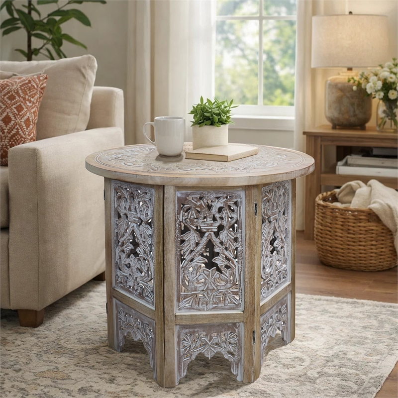 Accent Side Table- 24 Inch Round Top- Mango Wood Floral Cut Out Carved Motifs