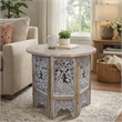 Accent Side Table- 24 Inch Round Top- Mango Wood Floral Cut Out Carved Motifs