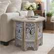 Accent Side Table- 24 Inch Round Top- Mango Wood Floral Cut Out Carved Motifs